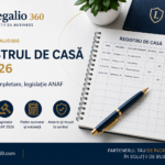Banner for Legalia 360 blog: big Romanian title 'REGISTRUL DE CASĂ ÎN 2026' with logo, plant, notebook with a cash register page, pen, calculator, and four circular icons representing obligations, ANAF legislation, thresholds, and controls on a blue-gold themed background.